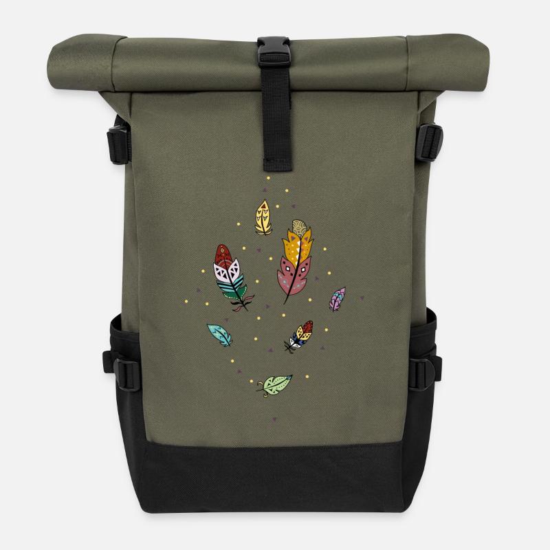 Bunte Federn - Rolltop Rucksack - Olive/Schwarz