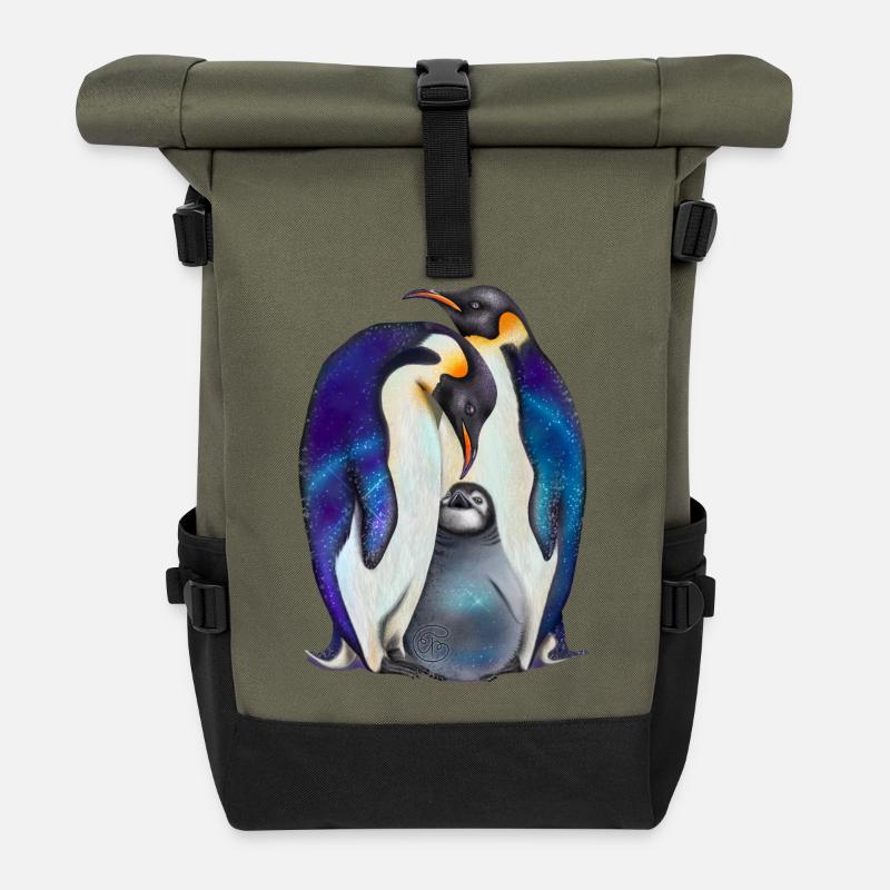 Sweet penguins with starry sky - Roll Top Backpack - olive/black