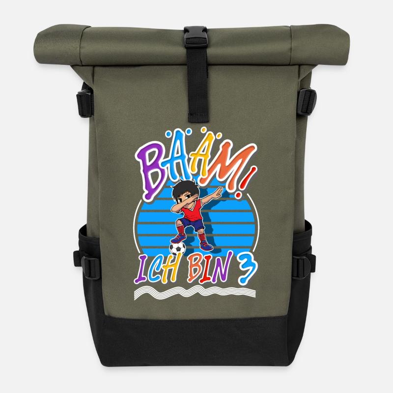 3. Geburtstag Kinder Fußball - Rolltop Rucksack - Olive/Schwarz