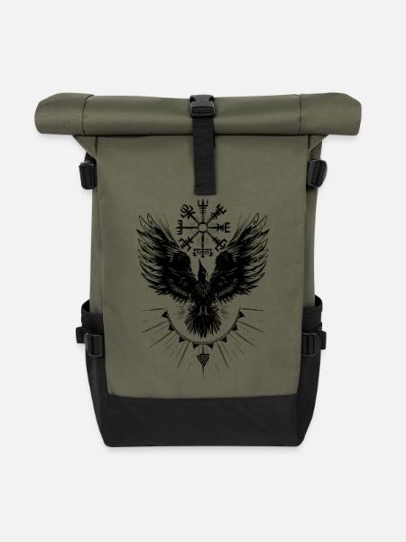 Wikinger Rabe Vegvisir Valknut - Rolltop Rucksack - Olive/Schwarz