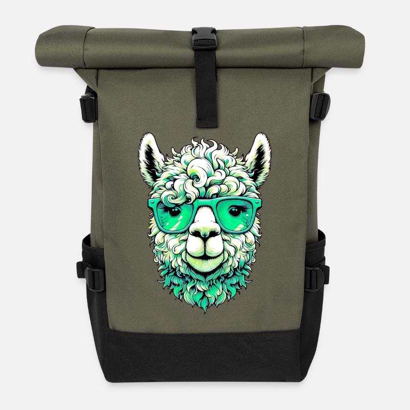 Alpaka mit Sonnenbrille - Rolltop Rucksack - Olive/Schwarz