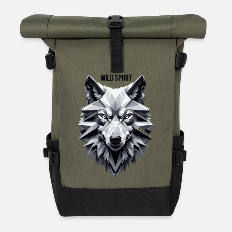 Geometrischer Wolf mit "Wild Spirit" Motiv - Rolltop Rucksack - Olive/Schwarz