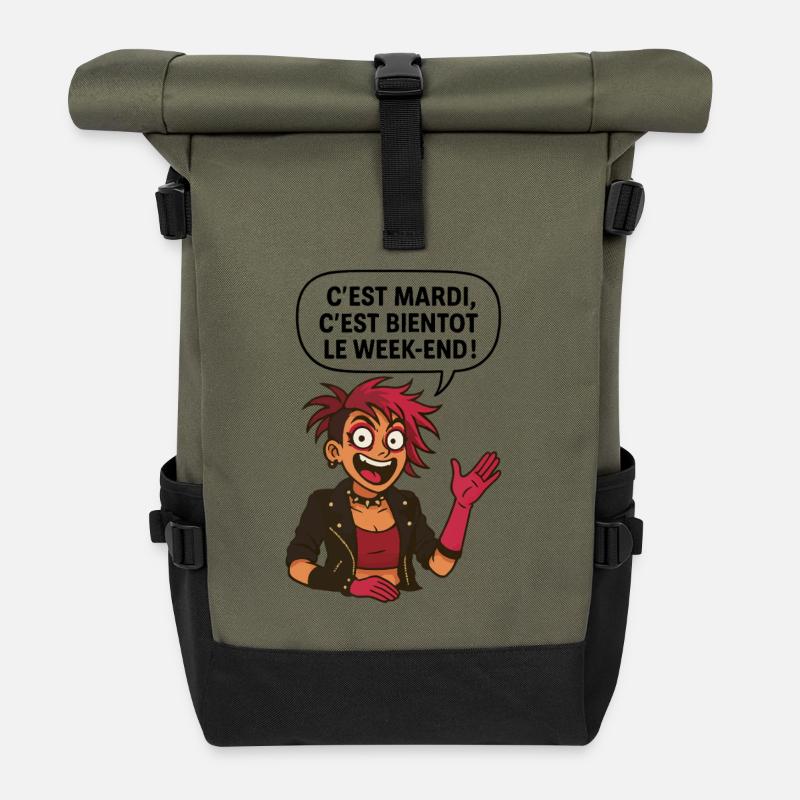 C'est mardi ! C'est bientôt le weekend ! - Sac à dos roll top - olive/noir