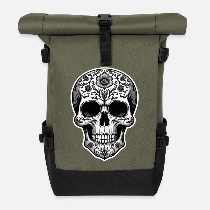 Sugar Skull Blumenkunst - Rolltop Rucksack - Olive/Schwarz