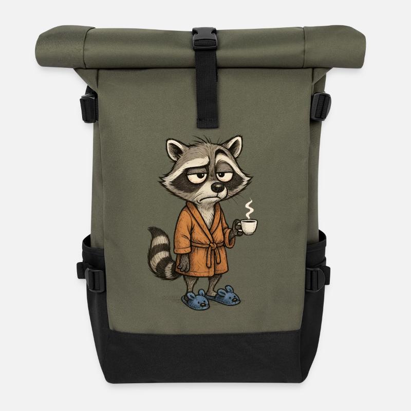 Müder Waschbär mit Kaffee – Süßes Morgenmotiv - Rolltop Rucksack - Olive/Schwarz