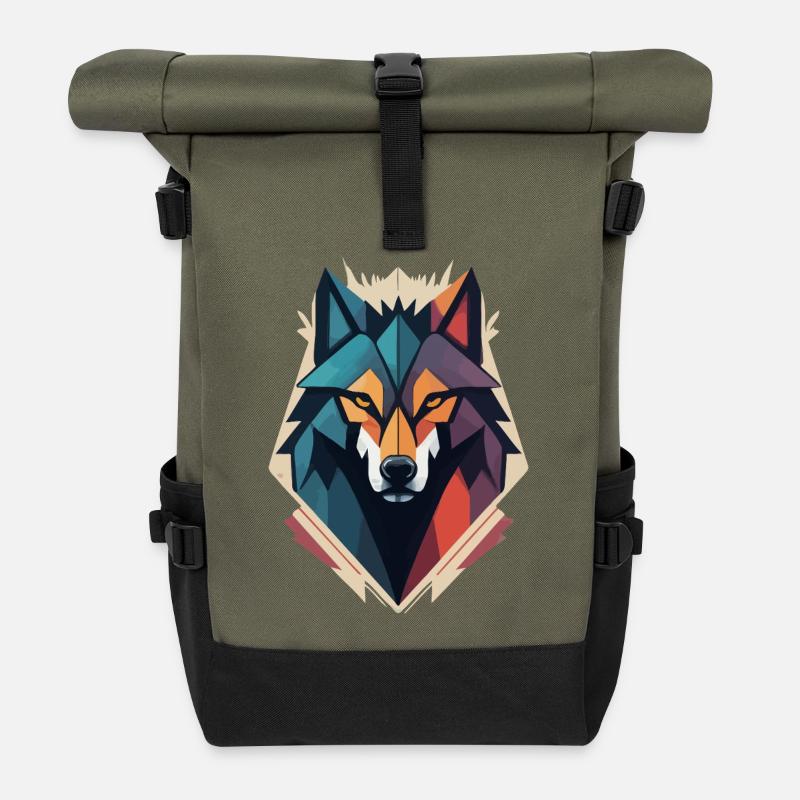 Tête de loup géométrique - Sac à dos roll top - olive/noir