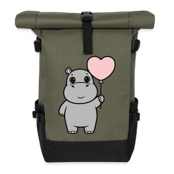 Süßes Nilpferd Herz Ballon Liebe - Rolltop Rucksack - Olive/Schwarz - Vorne