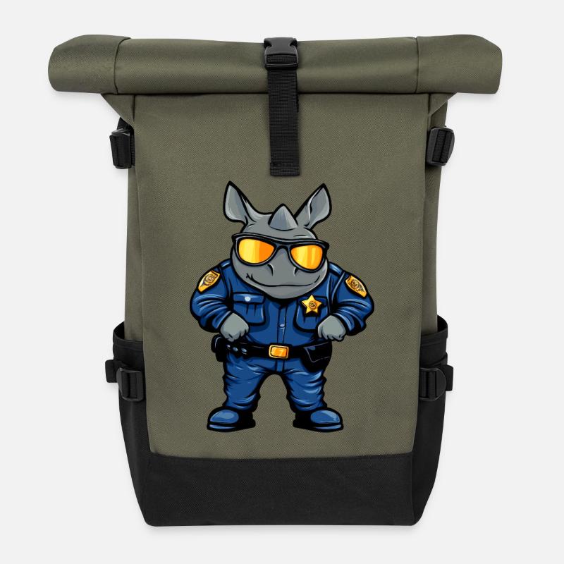 Nashörner Polizei / Polizist Nashorn - Rolltop Rucksack - Olive/Schwarz