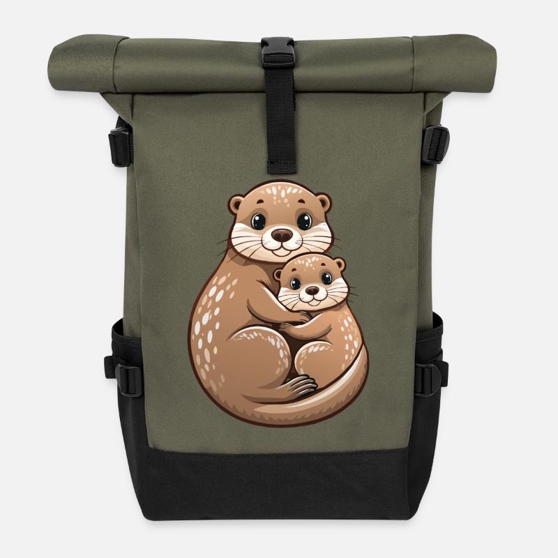 Mère loutre avec un petit - Sac à dos roll top - olive/noir