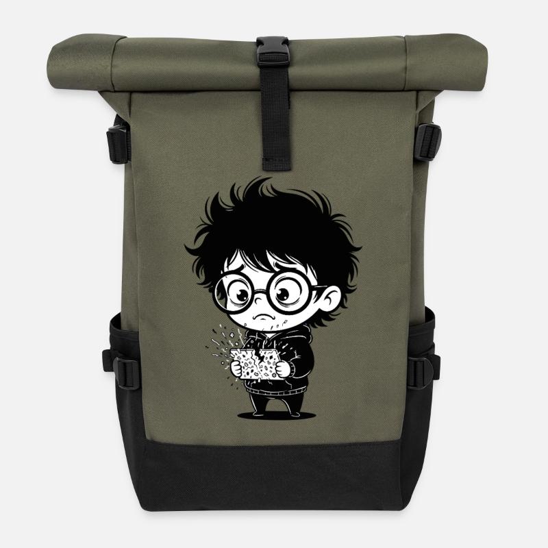 Digital Stress Broken Tablet Child Sticker - Roll Top Backpack - olive/black