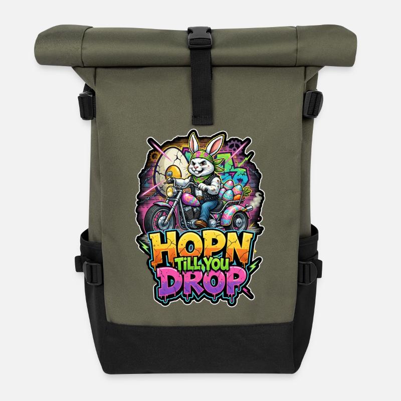 HOPN Till You Drop Bunny Motorcycle Graffiti - Roll Top Backpack - olive/black
