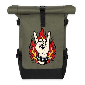 Hand Rock Flames Style Tattoo - Roll Top Backpack - olive/black - Front