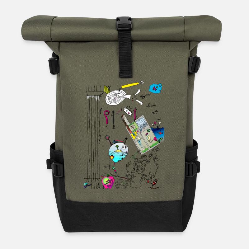 Funny little guys offbeat comic book style 2024 - Roll Top Backpack - olive/black