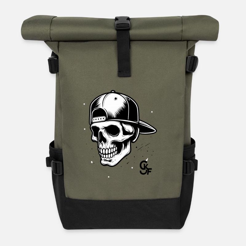 Schädel mit Baseballkappe – Street Style - Rolltop Rucksack - Olive/Schwarz