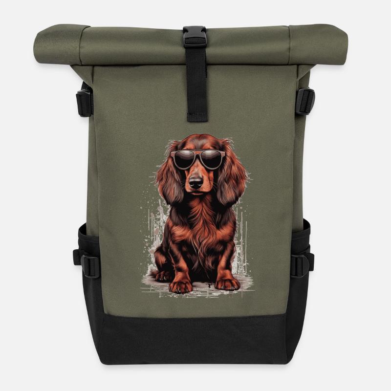 Teckel à poil long avec lunettes de soleil pour les amateurs de teckels - Sac à dos roll top - olive/noir