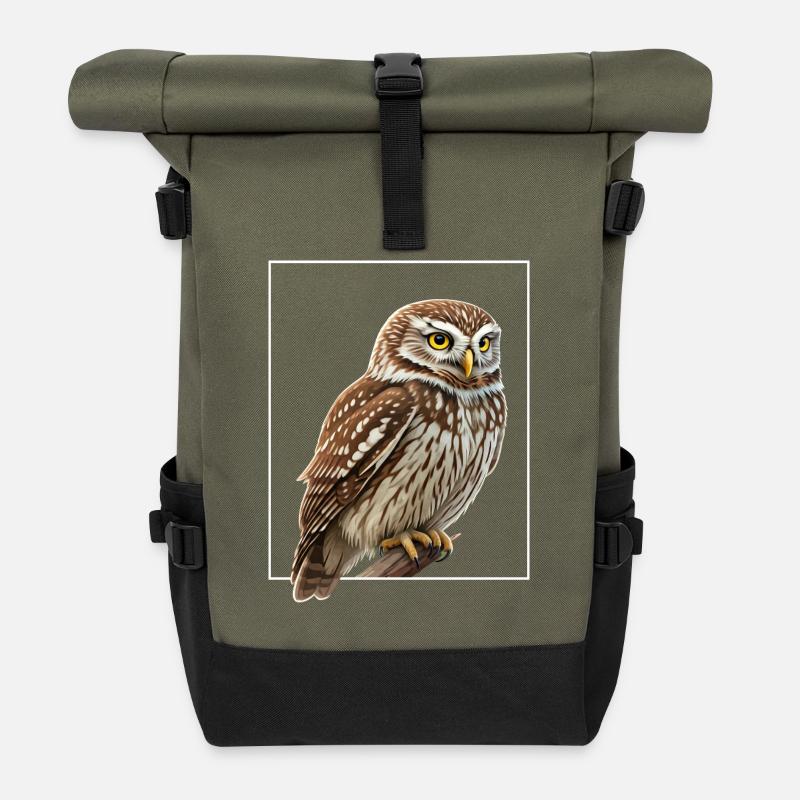 Little Owl Owl Athene Noctua - Roll Top Backpack - olive/black