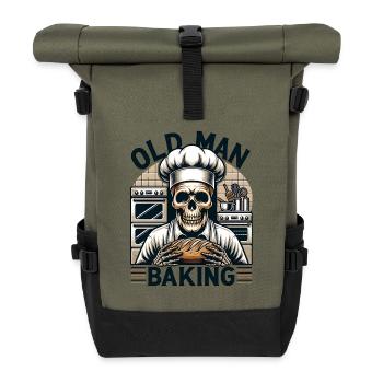 Old Man Baking Skull mit Bäckermütze backt Brot - Rolltop Rucksack - Olive/Schwarz - Vorne