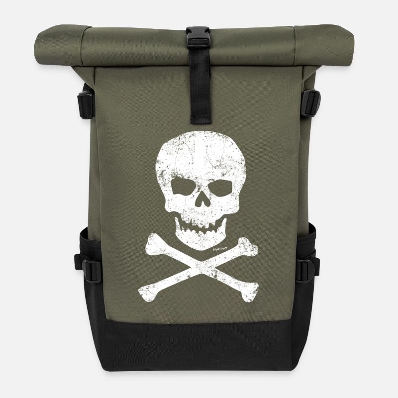 Crânes et os - Sac à dos roll top - olive/noir