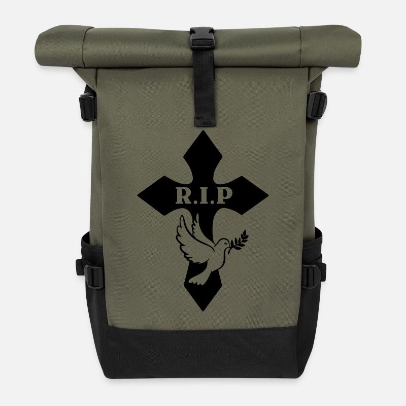 Kreuz mit Taube und Text R.I.P - Rolltop Rucksack - Olive/Schwarz
