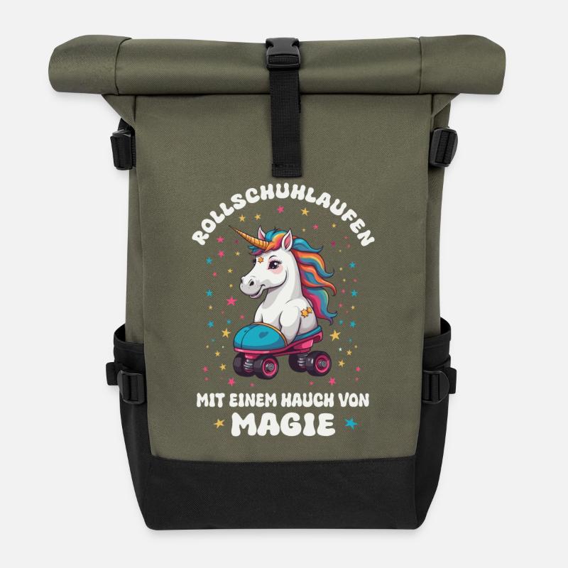 Einhorn Rollschuhlaufen - Rolltop Rucksack - Olive/Schwarz