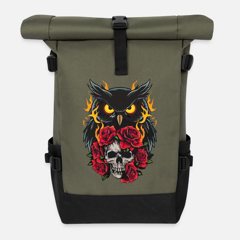 Mystische Eule sitzt auf Skull mit roten Rosen - Rolltop Rucksack - Olive/Schwarz