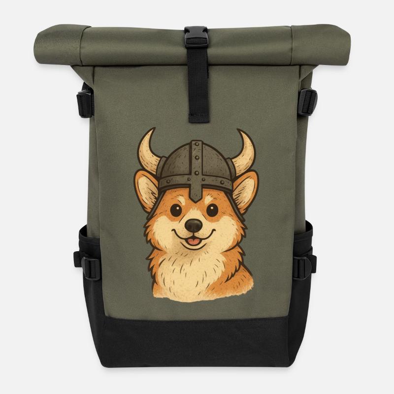 Wikinger-Hund Illustration - Rolltop Rucksack - Olive/Schwarz