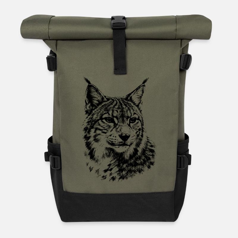 Luchs – minimalistische Grafiken einer Wildkatze - Rolltop Rucksack - Olive/Schwarz