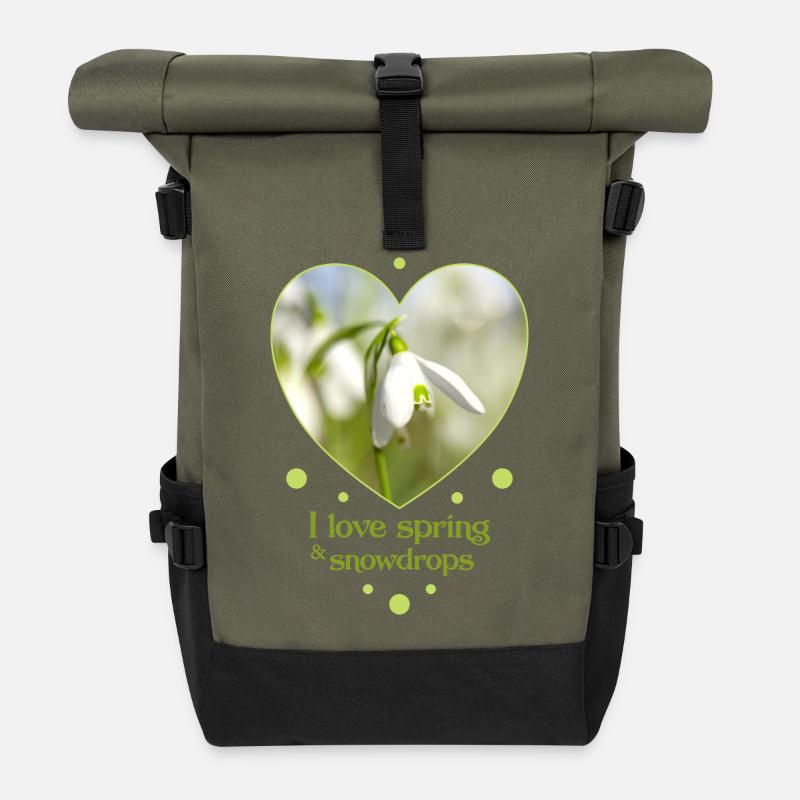 Herzdesign Schneeglöckchen Frühling i love spring - Rolltop Rucksack - Olive/Schwarz