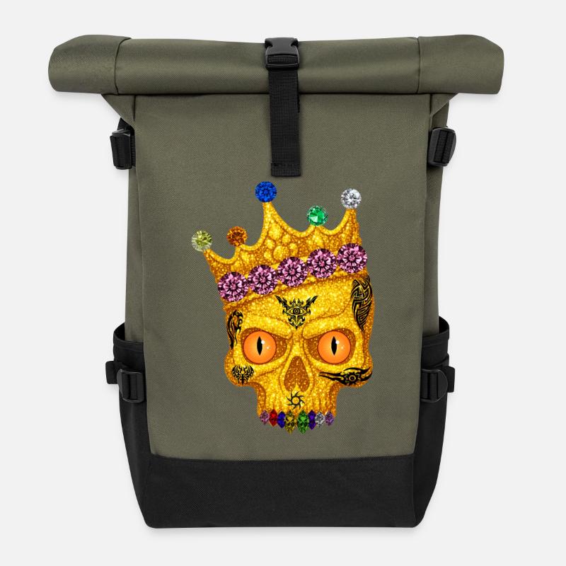 T-Shirt-Design mit Schädel mit Edelsteinen und Krone. - Rolltop Rucksack - Olive/Schwarz