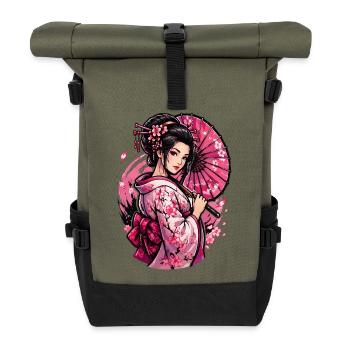 Geisha Cherry Blossom Kimono - Roll Top Backpack - olive/black - Front