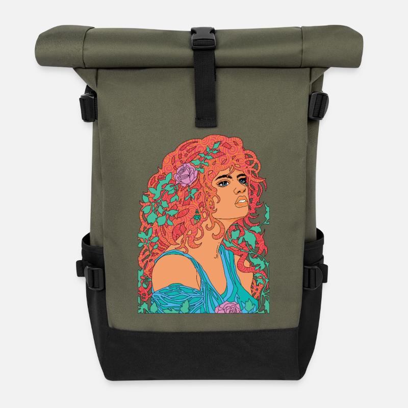 Red Nymph Psychedelic Pop Blumenporträt - Rolltop Rucksack - Olive/Schwarz