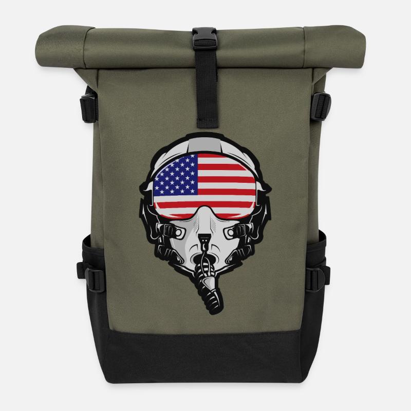 US Pilot Helm mit amerikanischer Flagge - Rolltop Rucksack - Olive/Schwarz