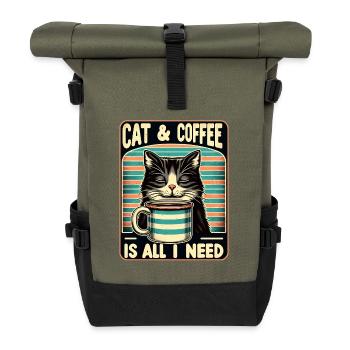Katze und Kaffee ist alles was ich brauche - Rolltop Rucksack - Olive/Schwarz - Vorne