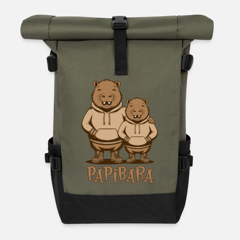 Papibara Papi Capybara Vater Lustig Papa Vatertag - Rolltop Rucksack - Olive/Schwarz