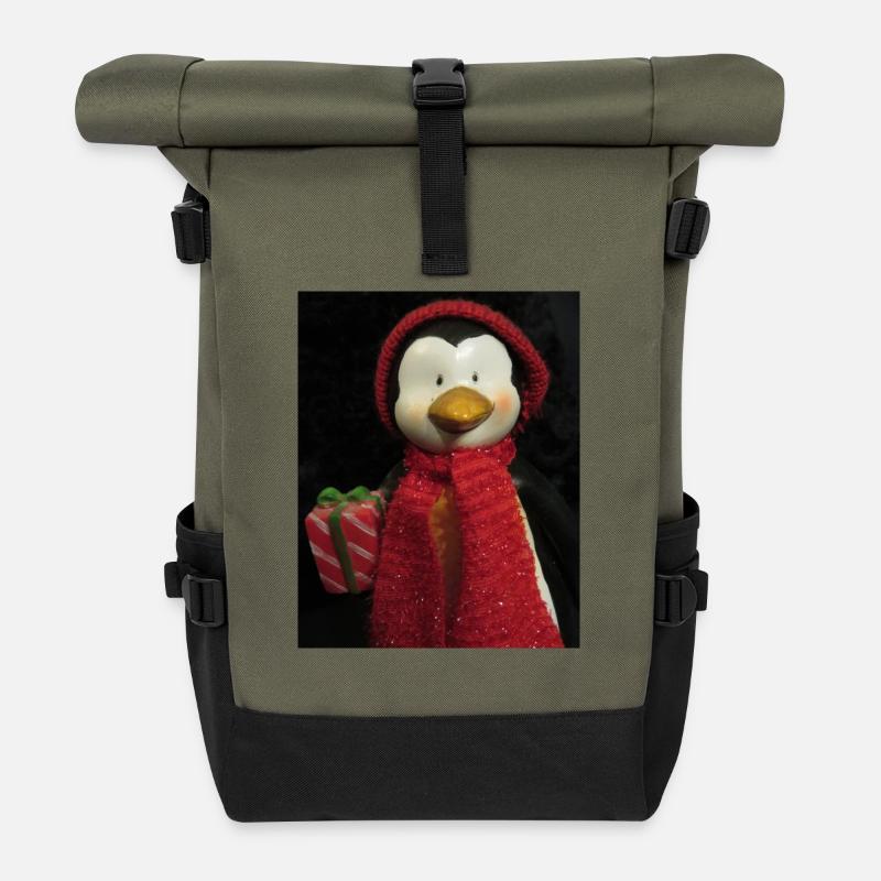 Pinguin mit Hut, Schal und Geschenk - Rolltop Rucksack - Olive/Schwarz