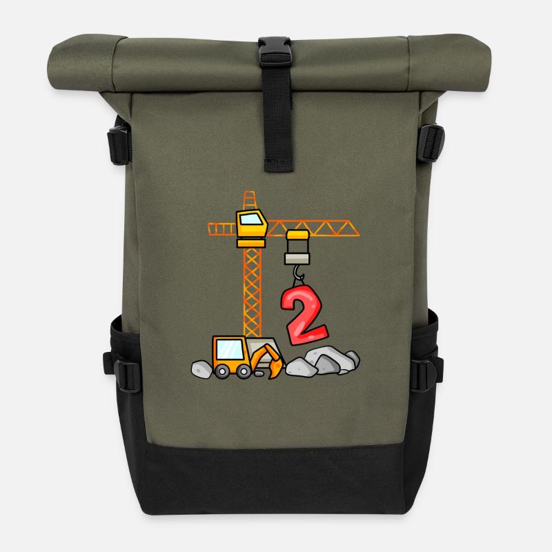 Kinder Geburtstagsshirt Bagger 2 Junge Baustelle 2 - Rolltop Rucksack - Olive/Schwarz