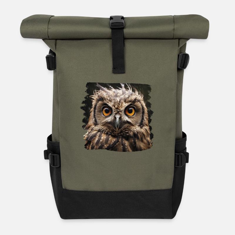 Eulen Kauz Owl Uhu Nachteule Eule - Rolltop Rucksack - Olive/Schwarz