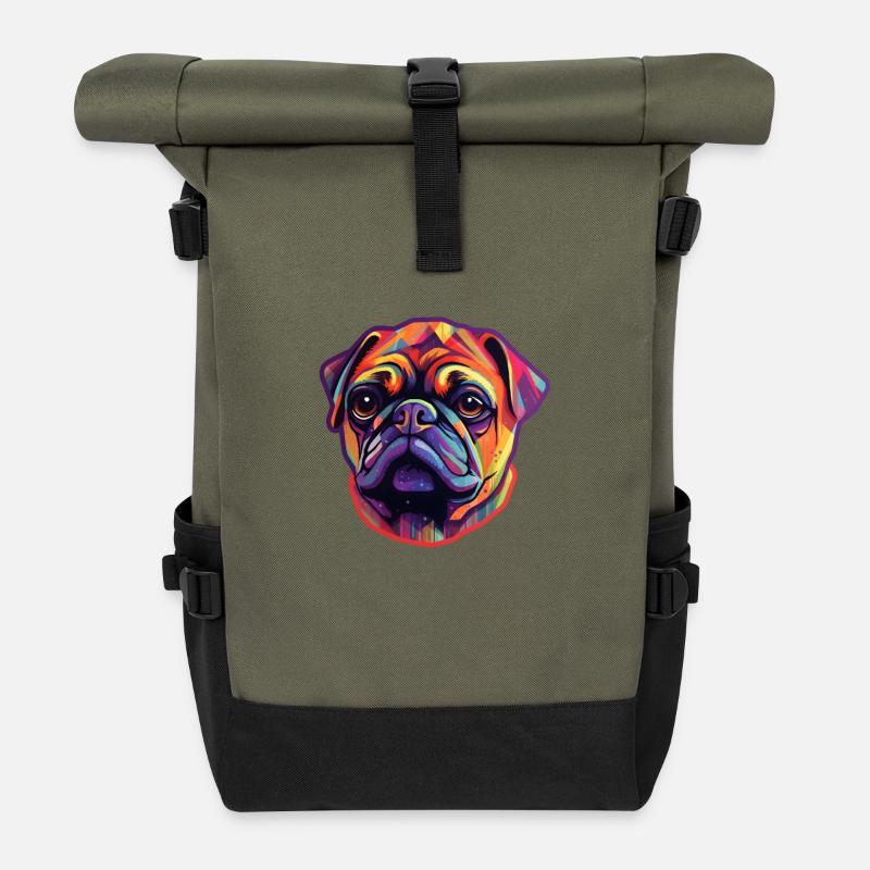 Mops Regenbogenfarben - Rolltop Rucksack - Olive/Schwarz