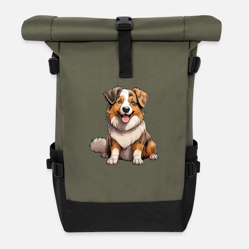 Hund Australian Shepherd - Rolltop Rucksack - Olive/Schwarz