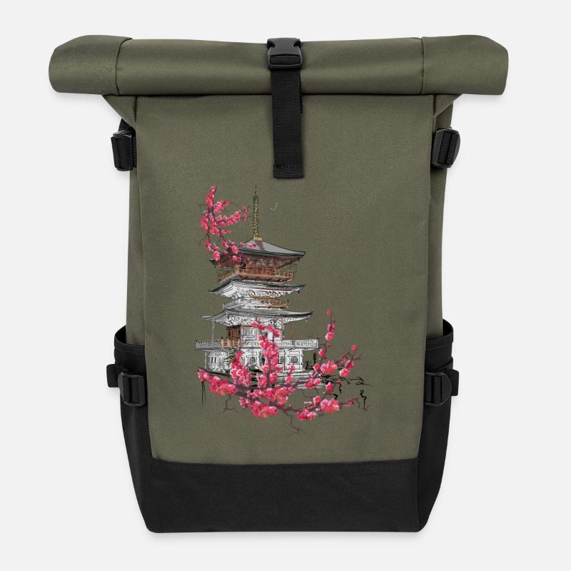 Pagode und Sakura - Rolltop Rucksack - Olive/Schwarz