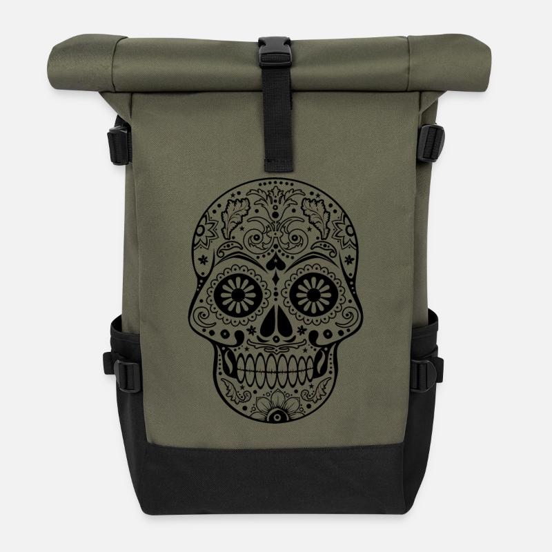 Gothic Ornaments Sugar Skull - black - Rolltop Rucksack - Olive/Schwarz