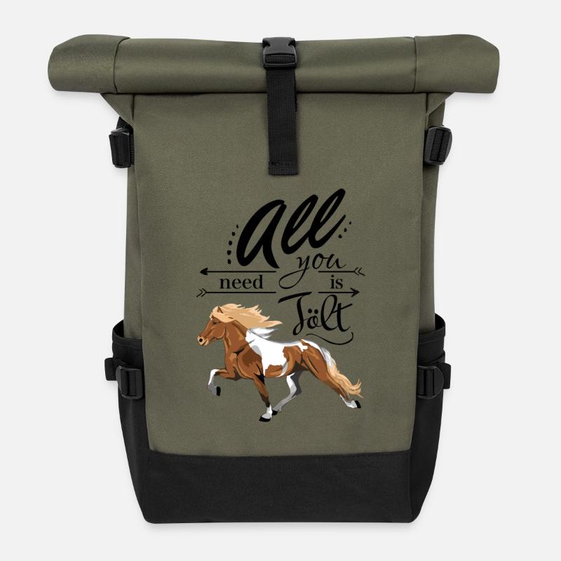 Schecke Fuchs Isländer: All you need is Tölt - Rolltop Rucksack - Olive/Schwarz