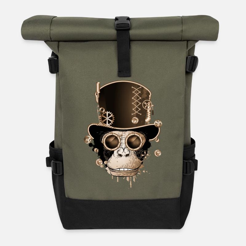 Singe steampunk avec un look de chapeau cylindre antique - Sac à dos roll top - olive/noir