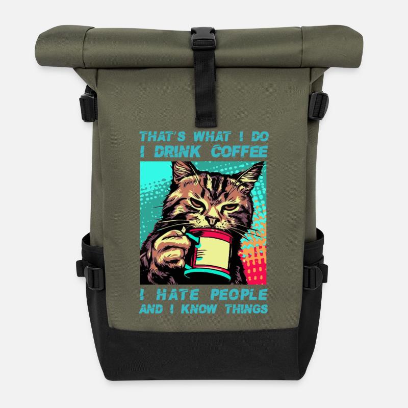 Coffee with a cat - Roll Top Backpack - olive/black