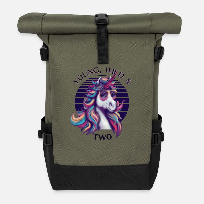 Young, Wild & Two – Cooles Einhorn Geburtstag - Rolltop Rucksack - Olive/Schwarz