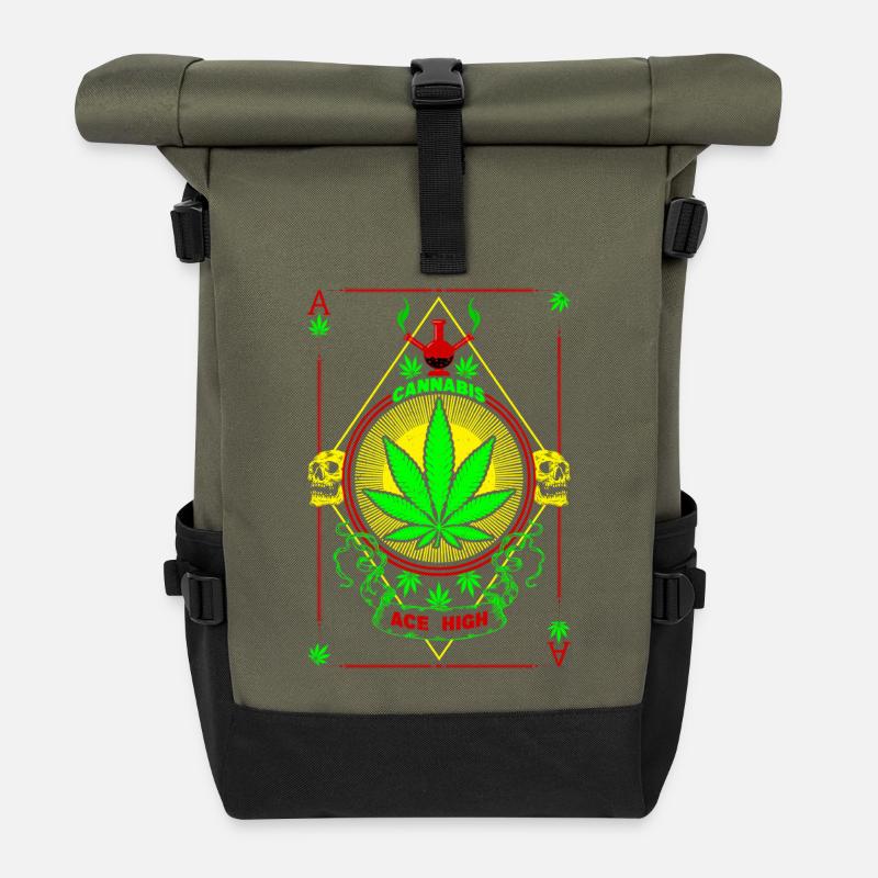 Vibrant Cannabis and Skull Emblem - Roll Top Backpack - olive/black