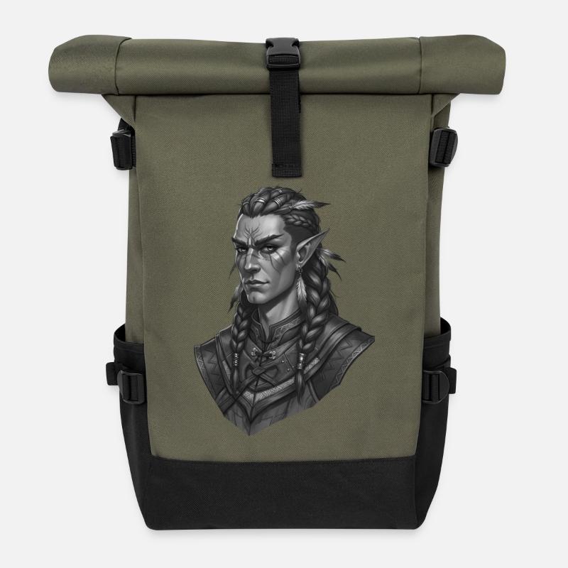Elf Warrior Portrait in Black and White - Roll Top Backpack - olive/black