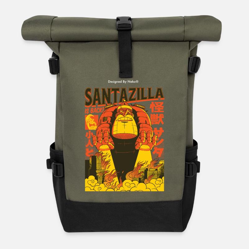 Riesiger Weihnachtsmann im Retro-Kaiju-Modus - Rolltop Rucksack - Olive/Schwarz