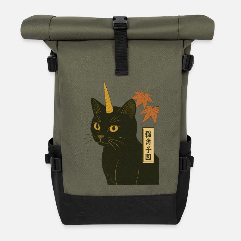 Katze-Einhorn-Druck - Rolltop Rucksack - Olive/Schwarz
