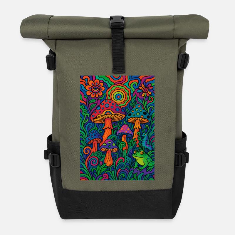 Psychedelischer Pilzwald – Buntes Retro Kunstwerk - Rolltop Rucksack - Olive/Schwarz